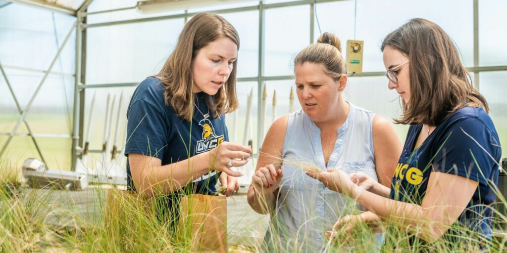 Three women biology researchers examine plant closely