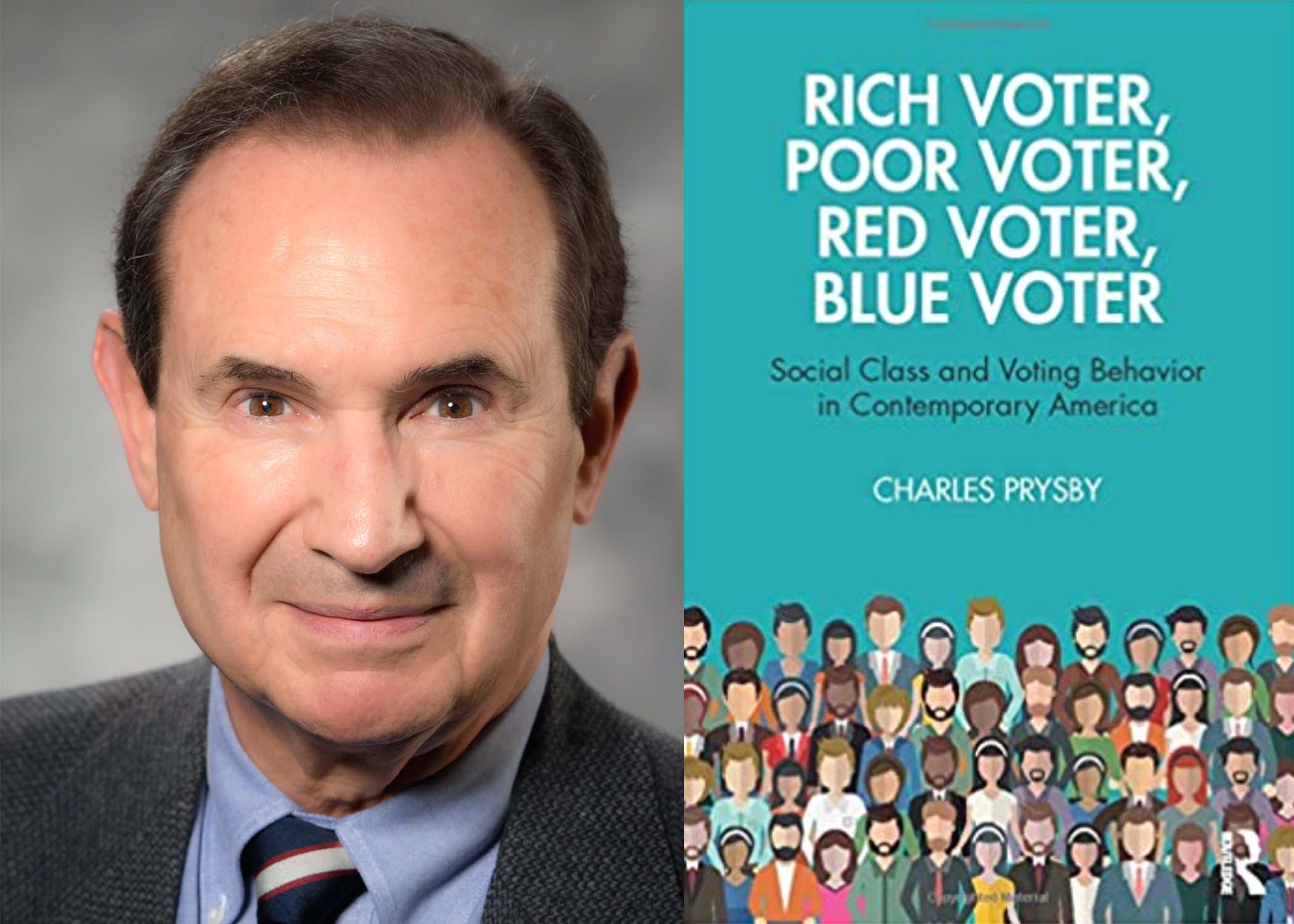 Dr. Pryby and cover of his book Rich Voter, Poor Voter, Red Voter, Blue Voter