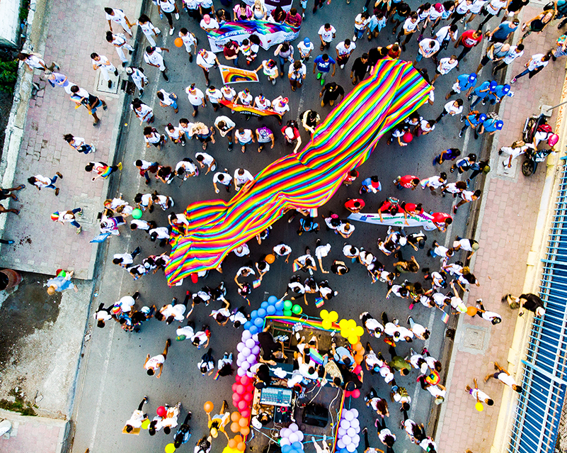 Aerial shot of gay pride parade in Asia