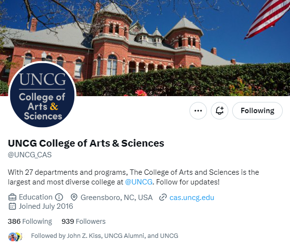 UNC College of Arts and Sciences twitter page screenshot
