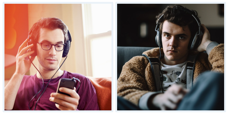 Side-by-side images of a man wearing headphones, one real and one generated by AI.