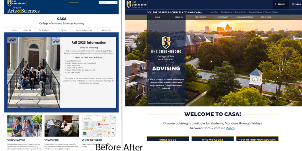 a side-by-side comparison of the CASA website before and after migration to the new UNCG design theme.
