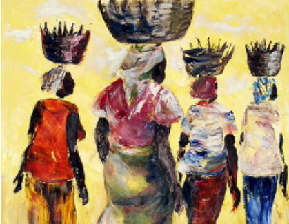 Women carrying baskets on their heads in a painting. A vibrant depiction of female strength and resilience.