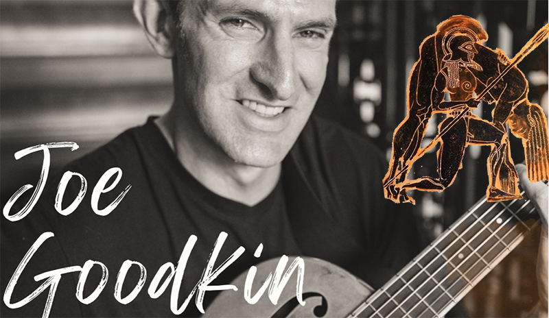 Joe Goodkin portrait with guitar with illustration of Achilles overlayed