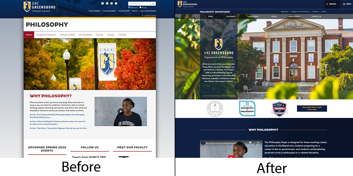 a side-by-side comparison of the previous and new philosophy department website homepages.