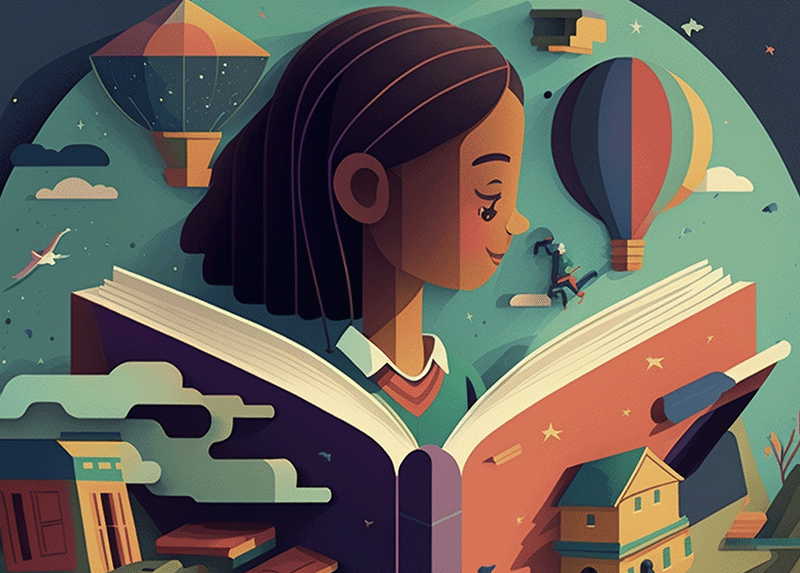 graphical illustration of girl with book