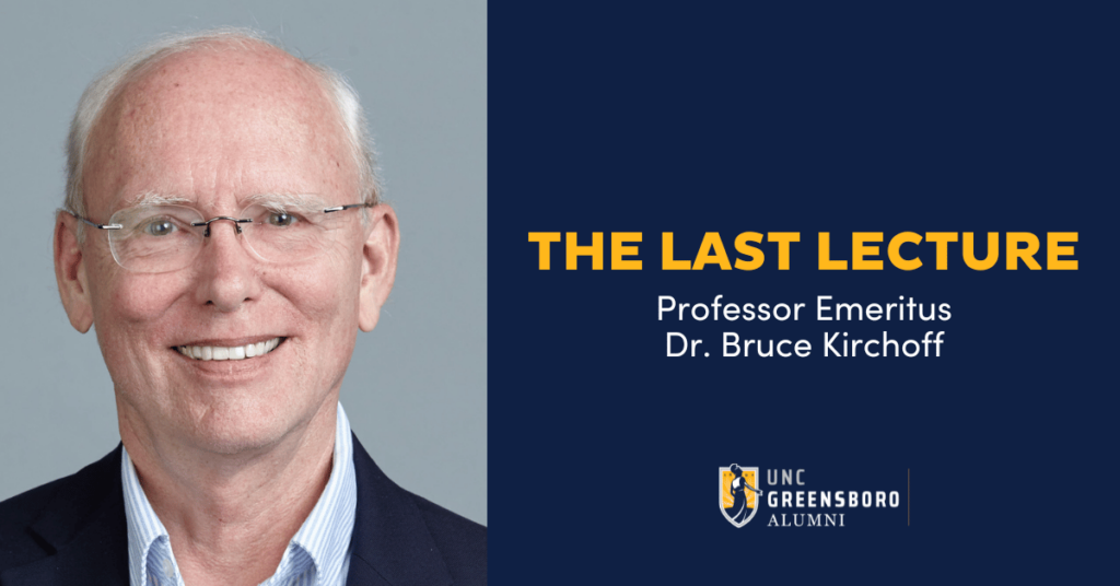 Bruce Kirchoff headshot with "The Last Lecture" text