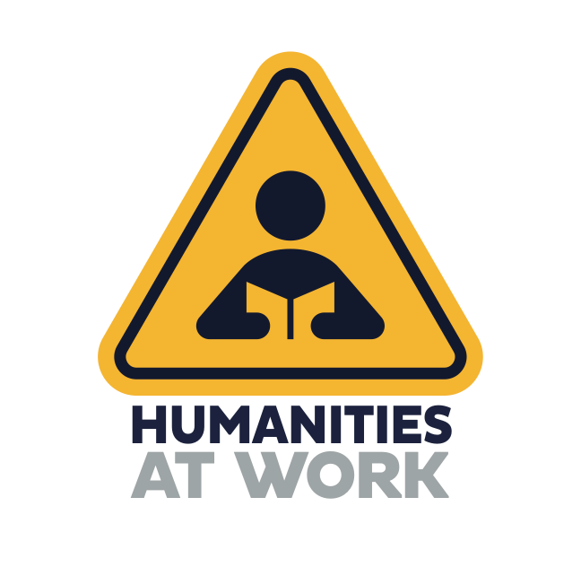 yellow and navy blue logo with an illustration of a person holding a book and the words, "Humanities at Work" under it. 