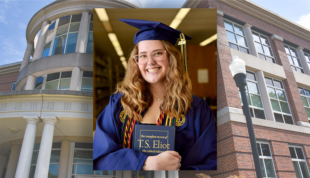 Katherine Wyrick in cap and gown and holding T.S. Eliot book