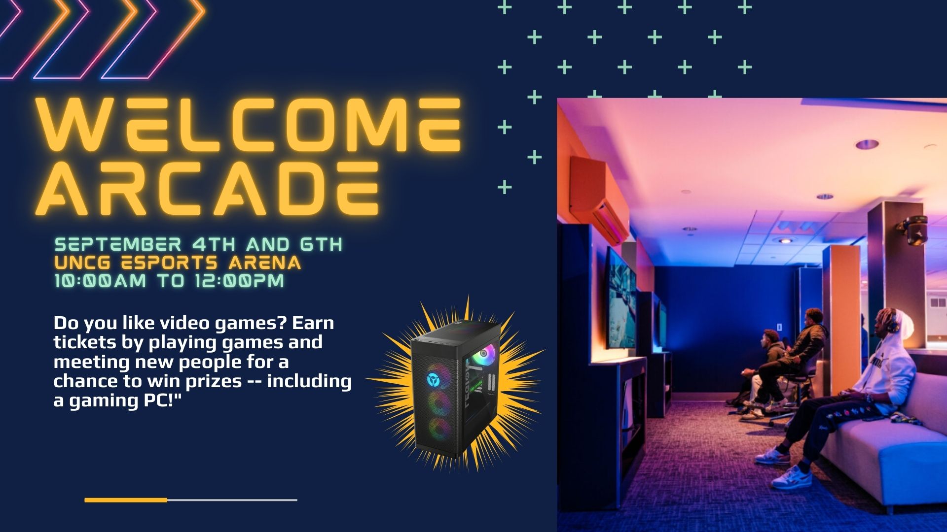 A flyer for the "Welcome Arcade" event in the UNCG Esports Arena.