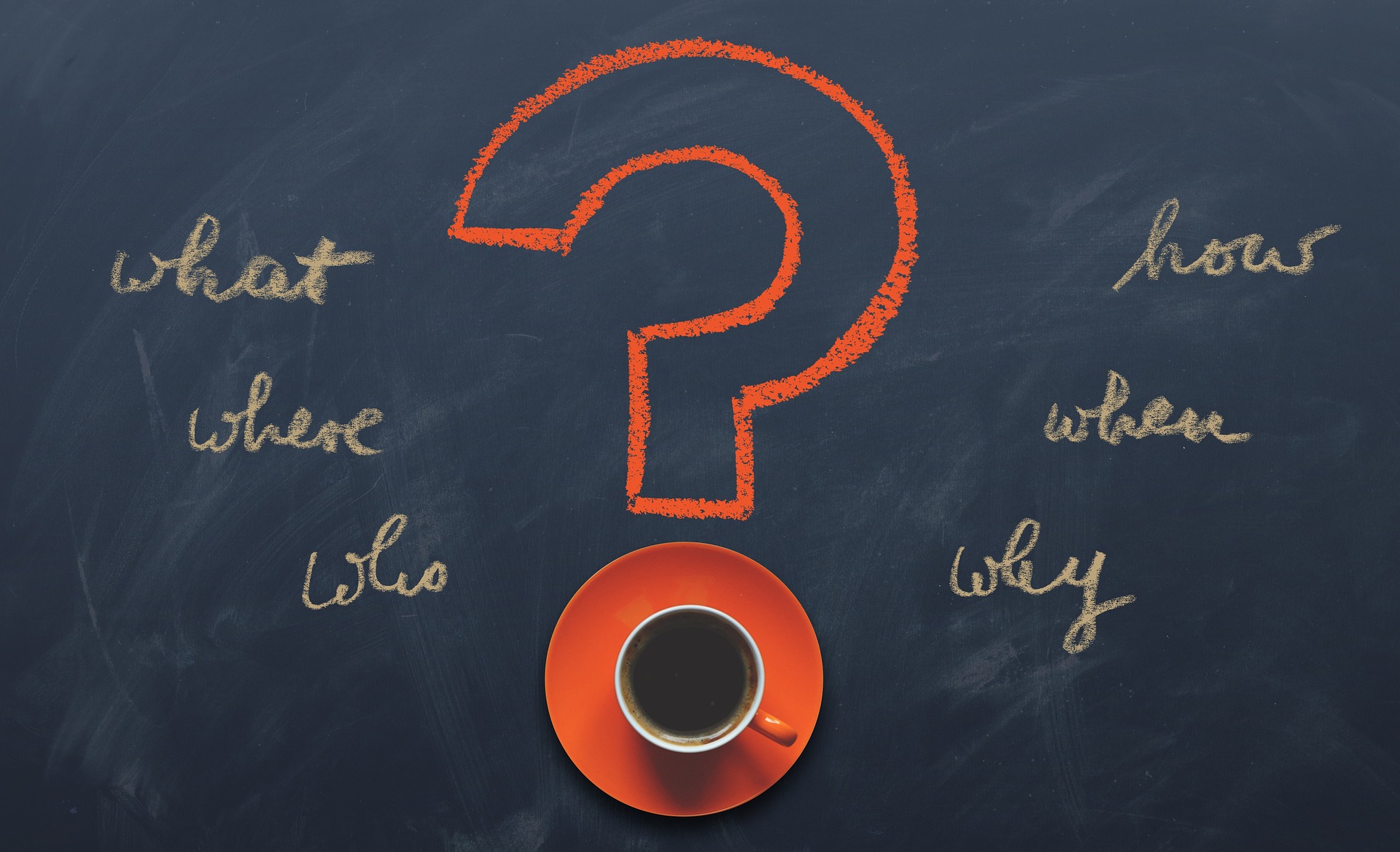 A stock image of an orange question mark with a cup of coffee as the point; accompanied by the 5 Ws, and "how".