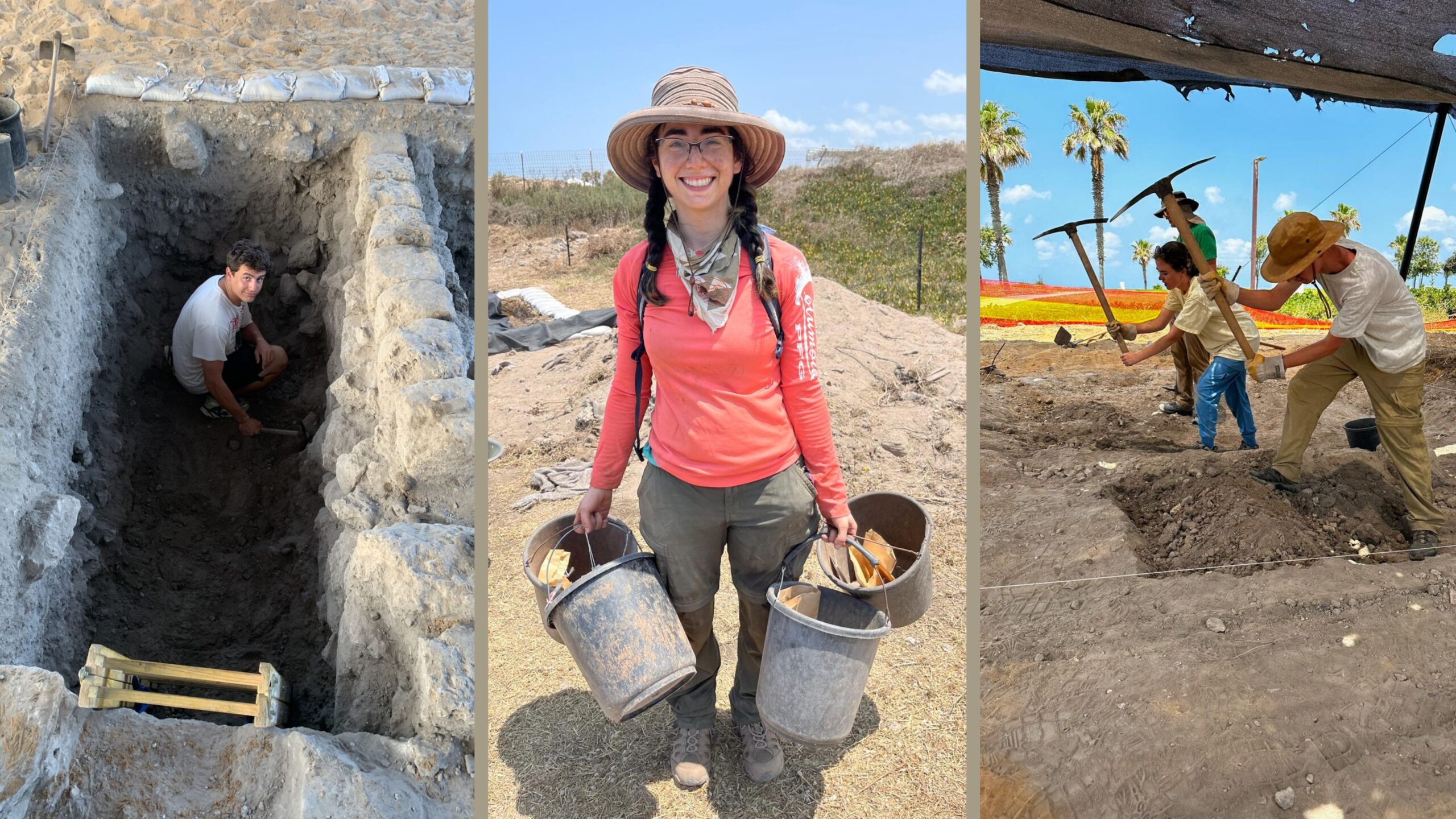 Composite image of UNCG students working on archaeological digs with tools