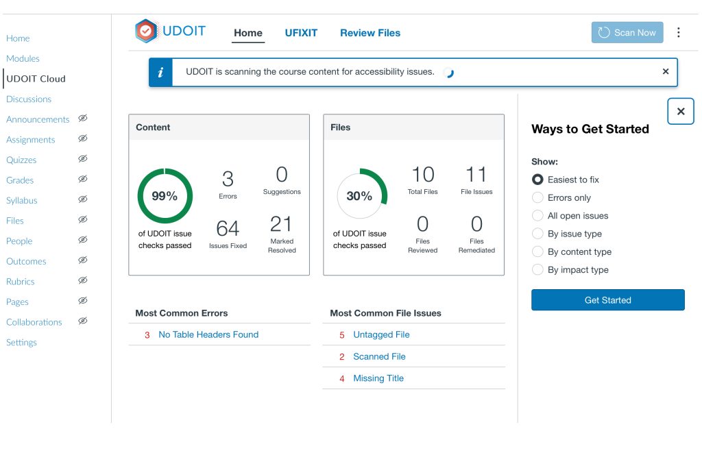 UDOIT lets you fix errors by easiest to fix, issue type, or content type.