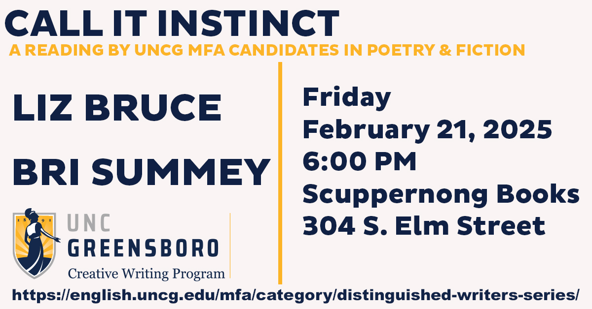 Flyer for the event, "Elizabeth Rose Bruce and Brianna Summey MFA Thesis Reading"