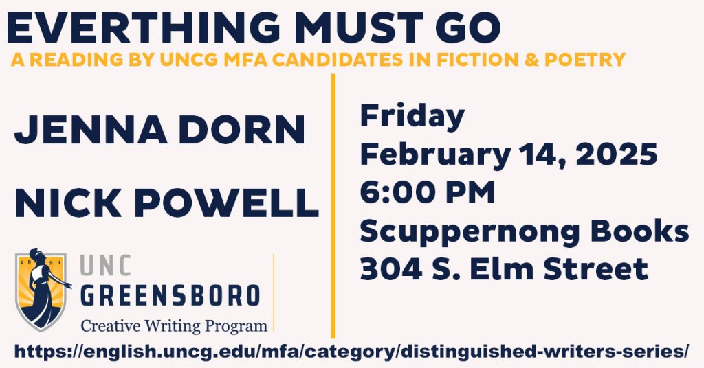 Flyer for the event, "Jenna Dorn and Nick Powell MFA Thesis Reading"