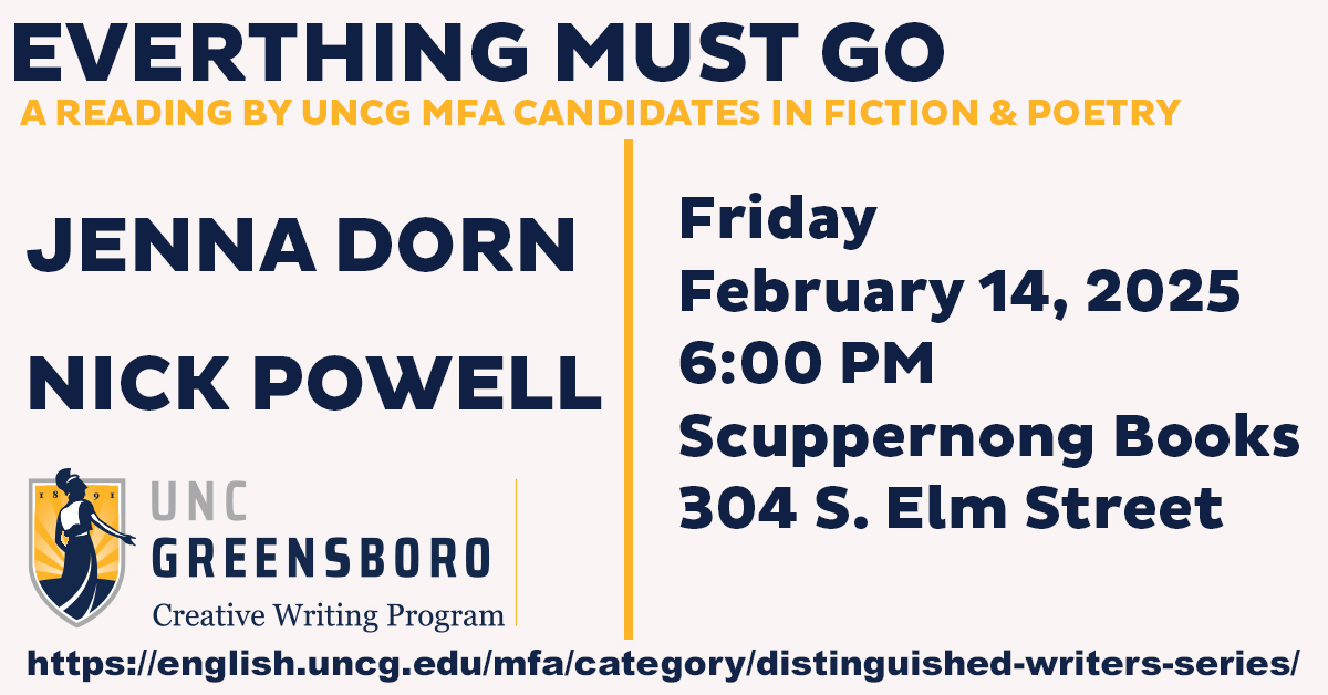 Flyer for the event, "Jenna Dorn and Nick Powell MFA Thesis Reading"