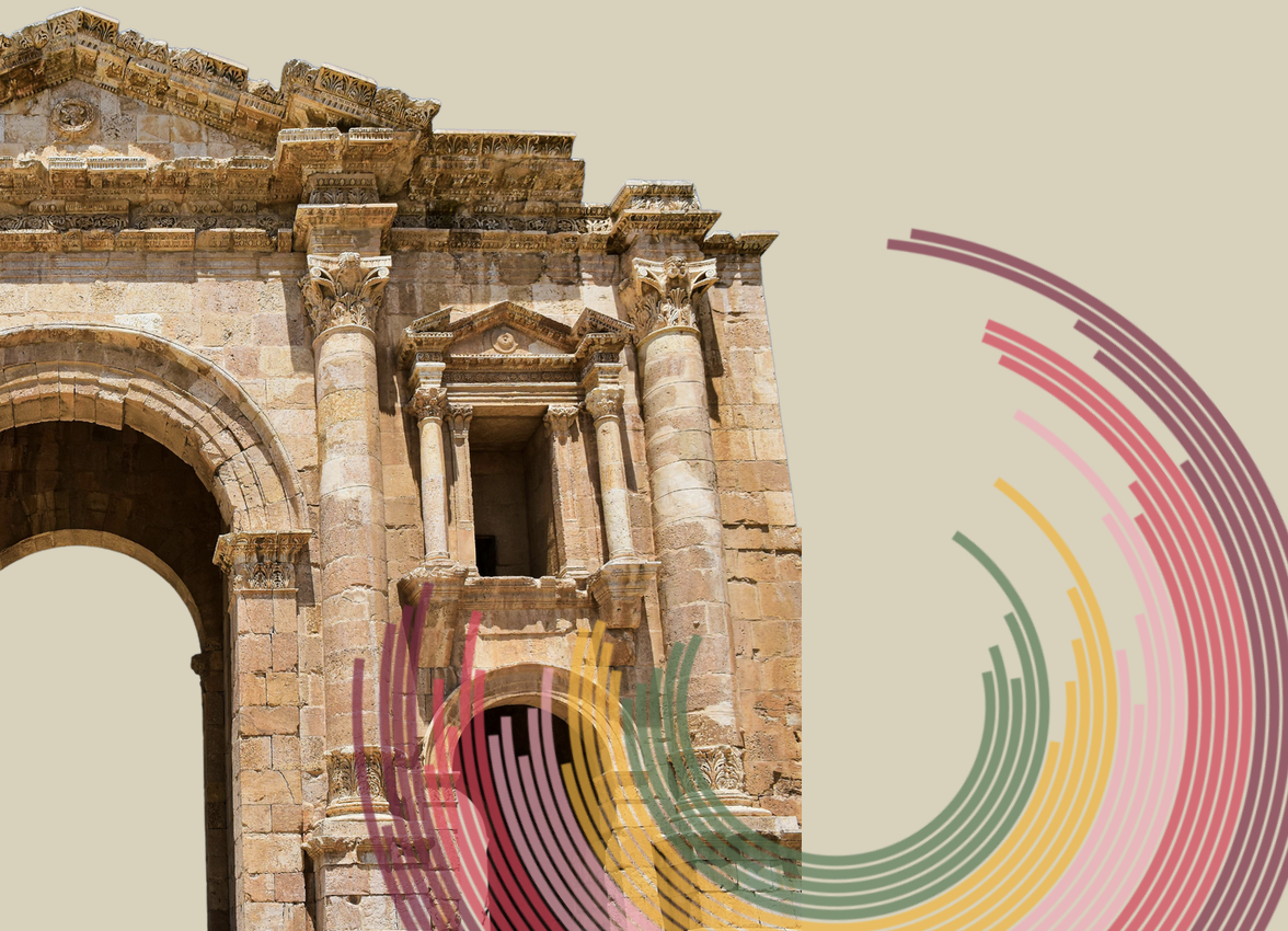 Photographic shot of an ancient building in Jordan with a colorful design in the bottom-right corner of the image