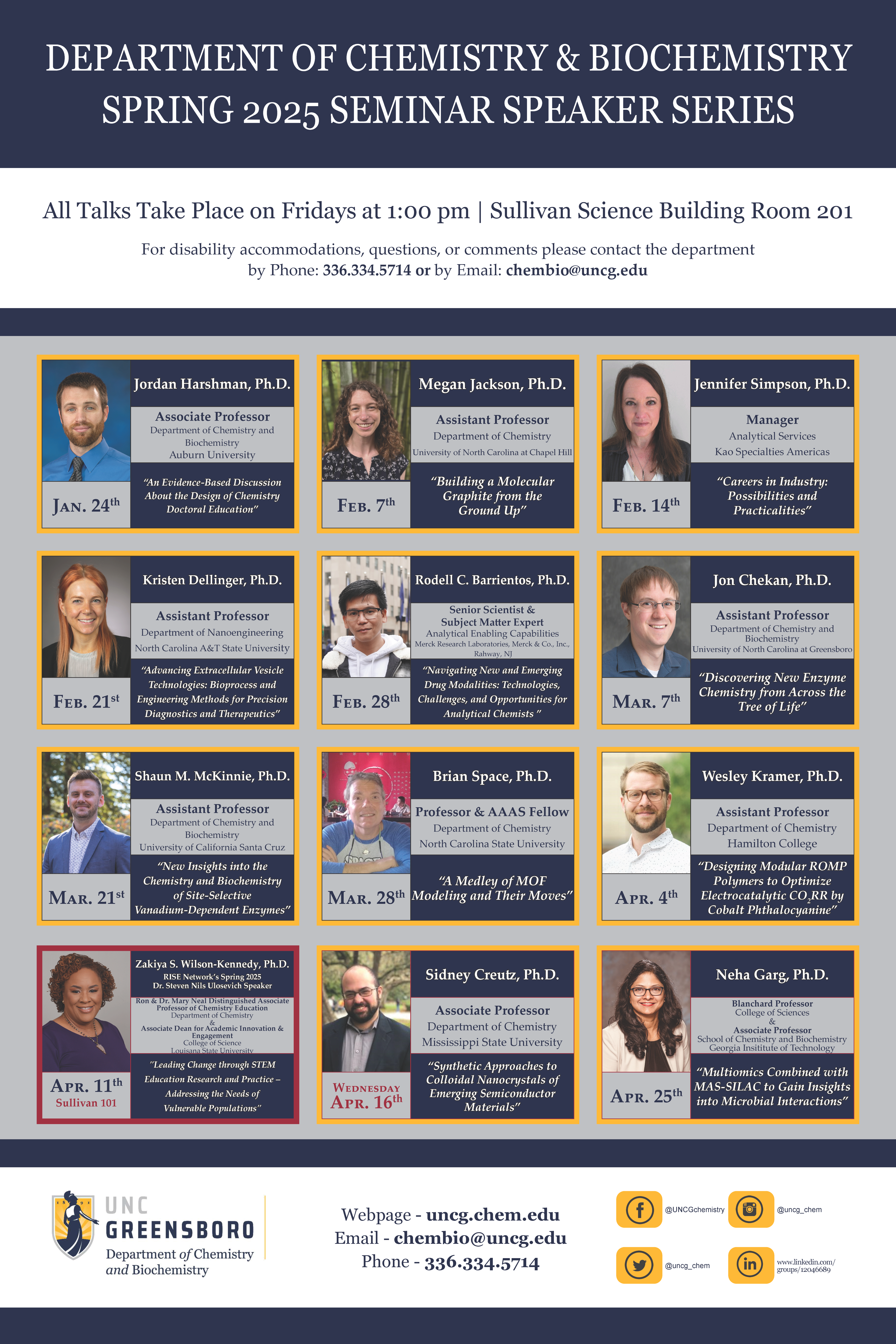 Flyer for the "Department of Chemistry & Biochemistry Spring 2025 Seminar Speaker Series"