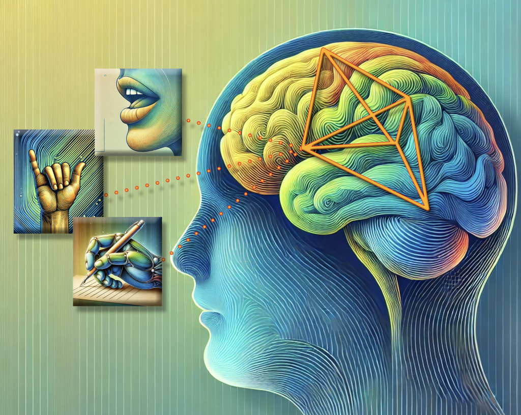 An illustration depicting a side profile of a human brain with smaller images of different communication forms