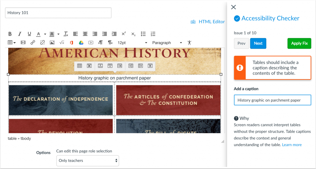 The Accessibility Checker displays issues, along with options to fix, on a right sidebar.