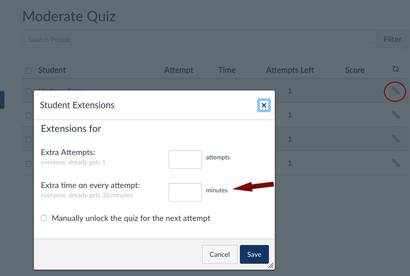 grant additional attempts as well as extra time for the quiz