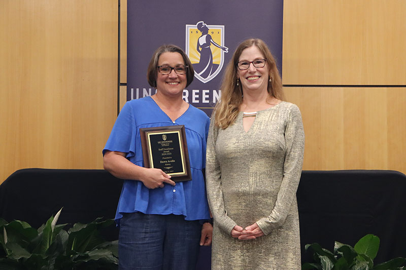 Dawn Avolio, Staff Excellence Award Recipient, with Dean Adamson