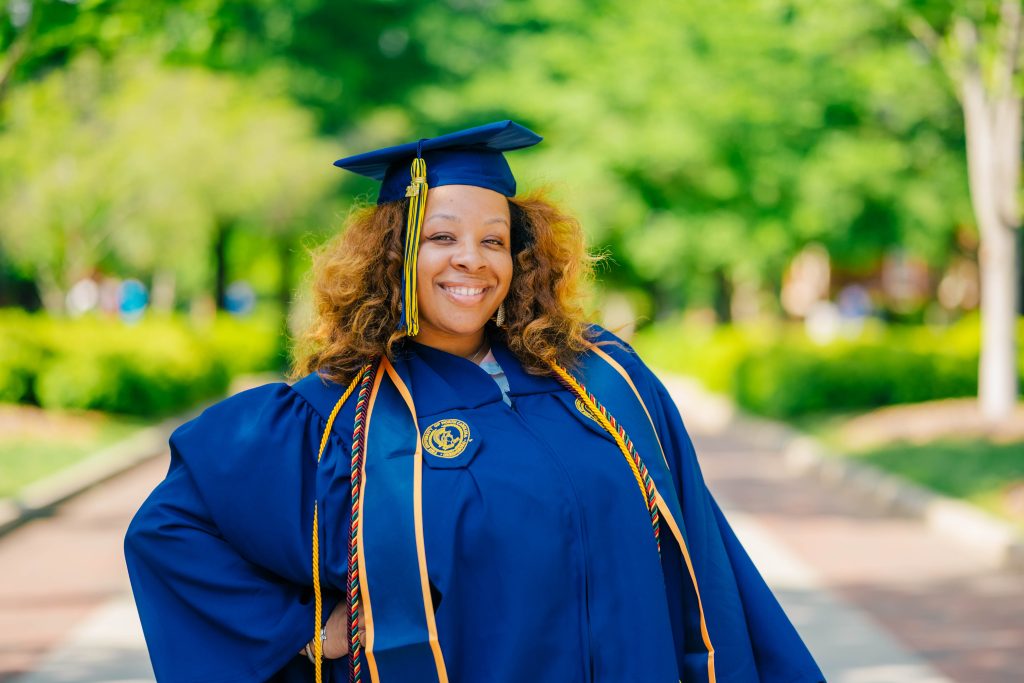 Balancing a family and a full-time leadership position at Cone Health, Naima Blakely returned to school and will graduate this spring with majors in Liberal & Professional Studies with a concentration and Humanities and philosophy with a concentration in Pre-Law.