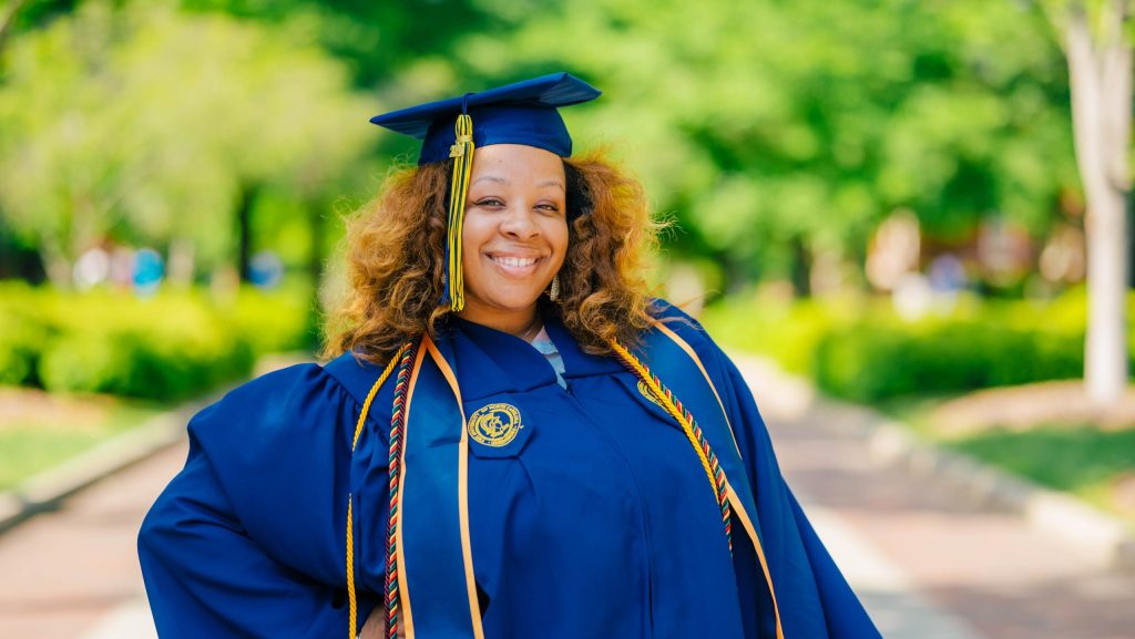 Balancing a family and a full-time leadership position at Cone Health, Naima Blakely returned to school and will graduate this spring with majors in Liberal & Professional Studies with a concentration and Humanities and philosophy with a concentration in Pre-Law.