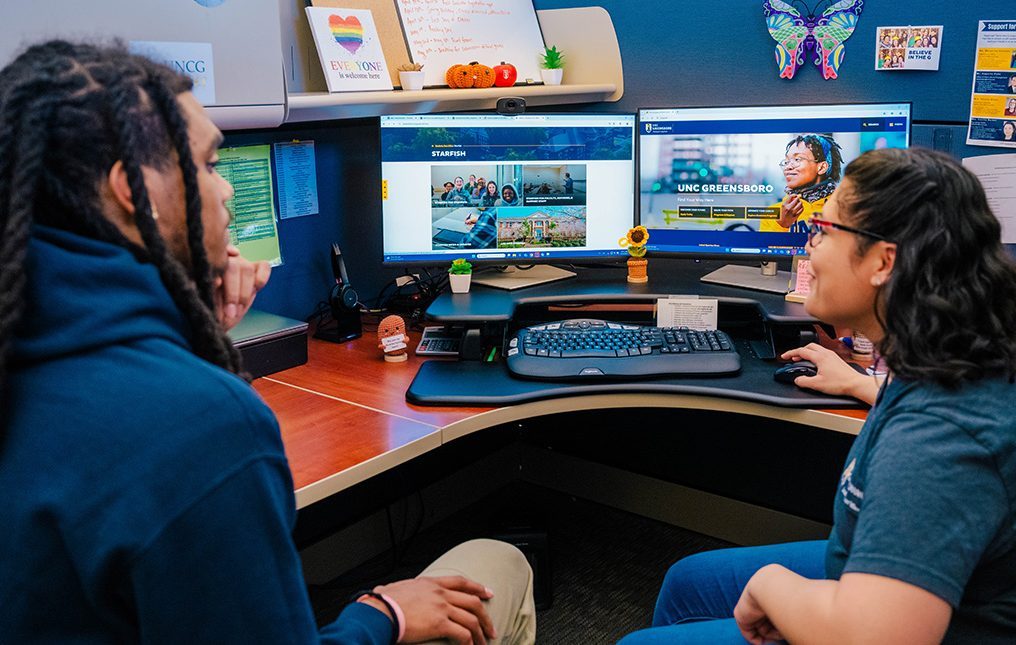 an advisor seated at a computer screen with a student.
