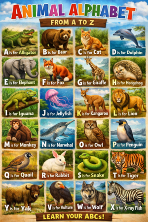 A colorful, AI-generated alphabet chart that features a different animal for each letter. 