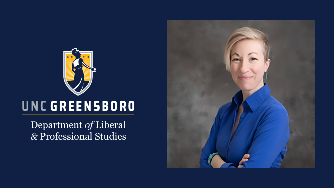 A header image on a navy background, featuring UNCG LPS logo and headshot of Dr. Ashlee Andrews